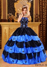 Black And Blue Ball Gown Strapless Floor-length Taffeta Beading Quinceanera Dress