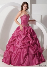 Cheap Hot Pink Ball Gown Strapless Quinceanera Dresses with Pick-ups
