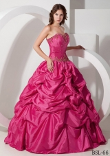 Hot Pink Ball Gown Strapless Quinceanera Dress with Taffeta Pick-ups