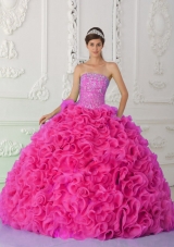 Ball Gown Strapless Organza Hot Pink Quinceanera Dress with Beading and Ruffles