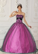 Black and Fuchsia Ball Gown Strapless Quinceanera Dress with   Appliques