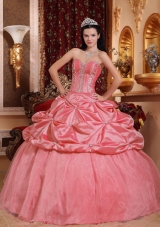 Watermelon Ball Gown Sweetheart Beading Quinceanera Dress with Pick-ups