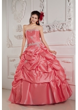 Watermelon Ball Gown Strapless Beading and Pick-ups 2014 New Dresses For Quinceaneras