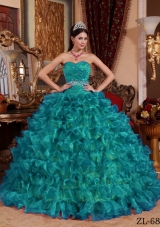 Sweetheart Organza Turquoise Quinceanera Dresses with Ruffles and Beading
