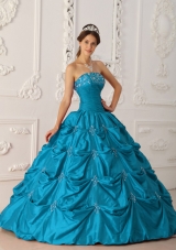 Cheap Princess Strapless Appliques and Beading Long Teal Quinceanera Dresses