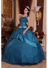 Cheap Teal Ball Gown One Shoulder Organza Beading Long Quinceanera Dresses