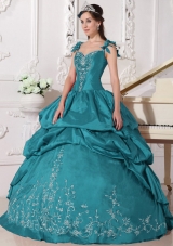 Embroidery Teal Puffy Straps Long Taffeta 2014 Quinceanera Dresses