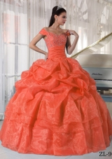 2014 Orange Red Puffy Off The Shoulder Appliques and Beading Quinceanera Gowns with Pick-ups