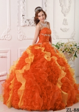 Brand New Orange Red Puffy Sweetheart Appliques and Beading for 2014 Quinceanera Dress