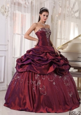 Burgundy Quinceanera Dresses with Taffeta Embroidery and Pick-ups