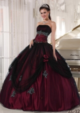 Puffy Strapless Burgundy Quinceanera Dress with Beading and Flowers
