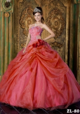 2014 Red Puffy Strapless Beading Quinceanera Dress with Hand Made Flowers
