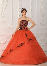 2014 Rust Red Puffy Strapless with Appliques and Hand Made Flower Quinceanera Dress