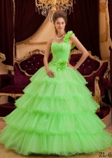 Lemon Green Princess One Shoulder Sweet Sixteen Dresses with Flowers and Layers