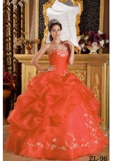 Petty Orange Red Puffy Strapless Embroidery for 2014 Quinceanera Dress