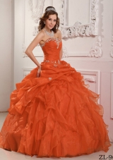 Sweet Orange Red Puffy Strapless Organza Beading And Ruffles for 2014 Quinceanera Gowns
