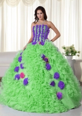 Green Strapless Organza Quinceanera Gowns with Flowers and Ruffles