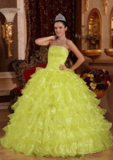 Strapless Organza Yellow Quinceneara Dresses with Beading and Ruffles