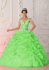 2014 Spring Green Puffy Straps Appliques Quinceanera Dresses