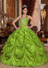 2014 Elegant Halter Top Appliques Long Quinceanera Dresses