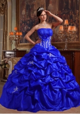 2014 Royal Blue Puffy Strapless Appliques Quinceanera Dress