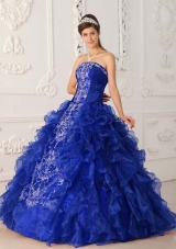 Royal Blue Puffy Strapless Ruffles and Embroidery Quinceanera Dresses for 2014