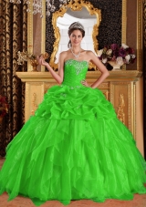 Spring Green Puffy Sweetheart Quinceanera Gown Appliques with Beading