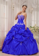 2014 Blue Puffy Sweetheart Appliques Quinceanera Dresses with Pick-ups