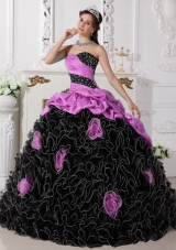 Pink and Black Sweetheart Organza Quinceanera Dresses with Beading and Rolling Flowers