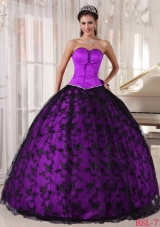 Purple and Black Puffy Sweetheart Taffeta Lace Quinceanera Gown