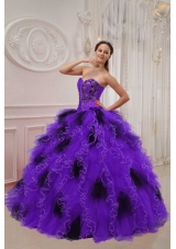 Purple and Black Sweetheart Sweet 15 Dresses with Appliques and Ruffles