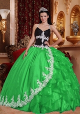 Spring Green Puffy V-neck Quinceanera Dress with Appliques