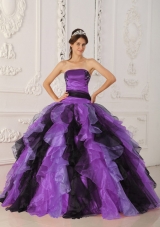 Strapless Organza Black and Purple Quinceanera Dress with Appliques and Ruffles