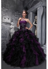 Exclusive Strapless Purple and Black Quinceanera Dress with Appliques and Ruffles