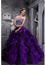 Leopard Sweetheart Purple and Black Quinceanera Dress with Organza Ruffles and Beading