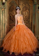 Gorgeous Organza Strapless Appliques Orange Dress For Quinceanera