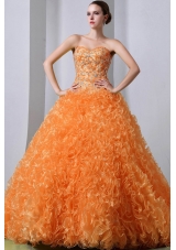 Orange Princess Sweetheart Brush Train Organza Quinceanea Dresses with Beading and Ruffles