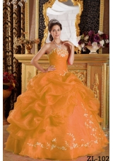 Orange Strapless Embroidery and Pick-ups Organza Quinceanera Gown Dress