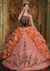 Orange Strapless Taffeta Sweet 15 Dresses with Black Embroidery
