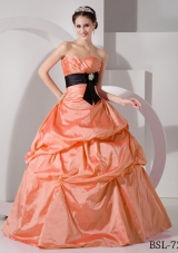 Orange Sweetheart Princess Discount Quinceanea Dresses with Black Sash