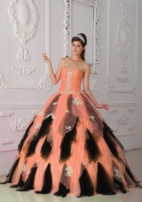 Organza Princess Strapless Orange and Black Quinceanera Dresses with Appliques