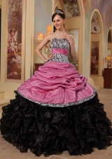 2014 New Arrival Zebra Ruffled Pink and Black Dresses Quinceanera