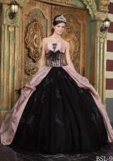 Baby Pink and Black Strapless Quinceanera Dress with Appliques
