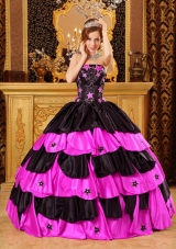 Black and Hot Pink Strapless Taffeta Quinceanera Dresses with Layers