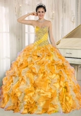 Custom Made For 2014 Yellow and Orange Quinceanera Dress with Beading and Ruffles