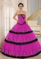 Hand Made Flowers Custom Made For 2014 Hot Pink and Black Quinceanera Dress