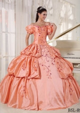 Off The Shoulder Orange Quinceanera Gowns Dresses with Embroidery and Pick-ups