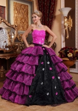 Organza Puffy Pink and Black Quinceanera Dresses with Layers and Flowers