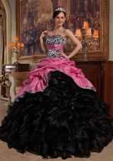 Pick-ups Organza Ruffles Pink and Black Quinceanera Dresses