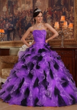 Purple and Black Princess Strapless Organza Quinceanera Dress with Ruffles